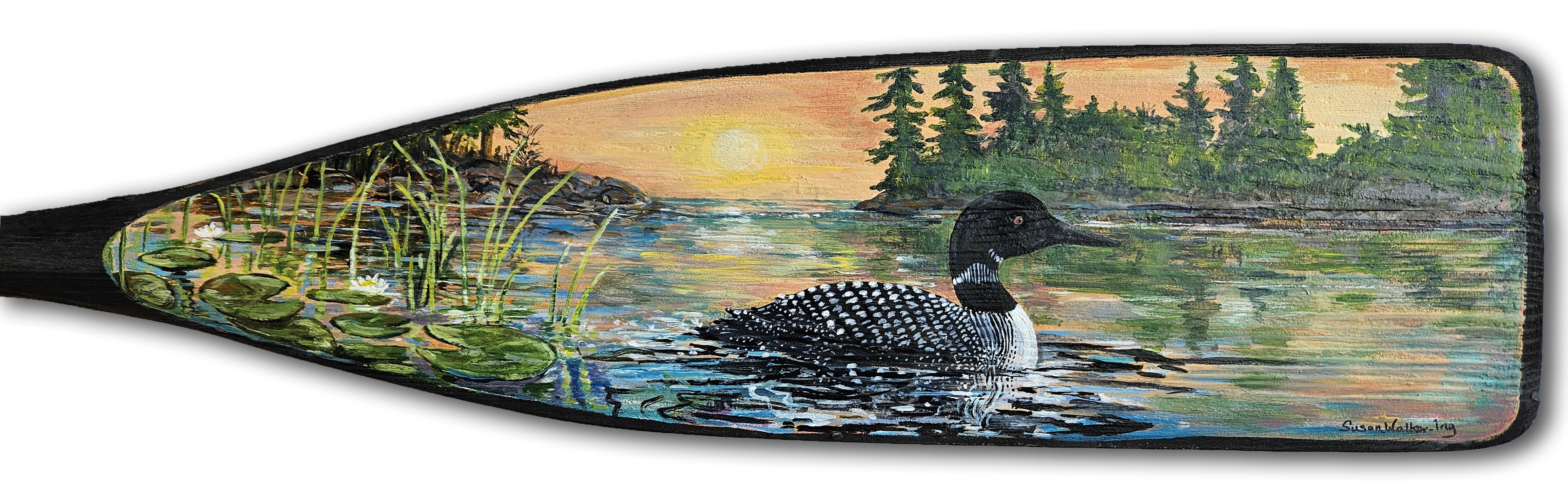 Loon on the water at sunset, painted on a paddle.